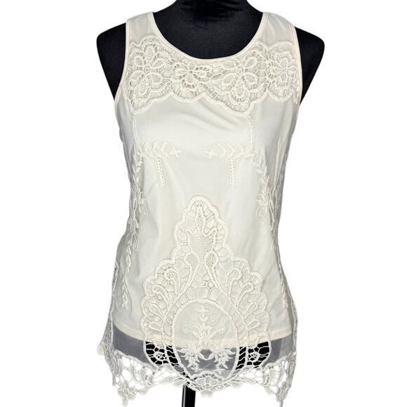 BAR III Macy's Sleeveless Cream Crochet Layered Tank Sleeveless Blouse Top Med - Picture 1 of 8